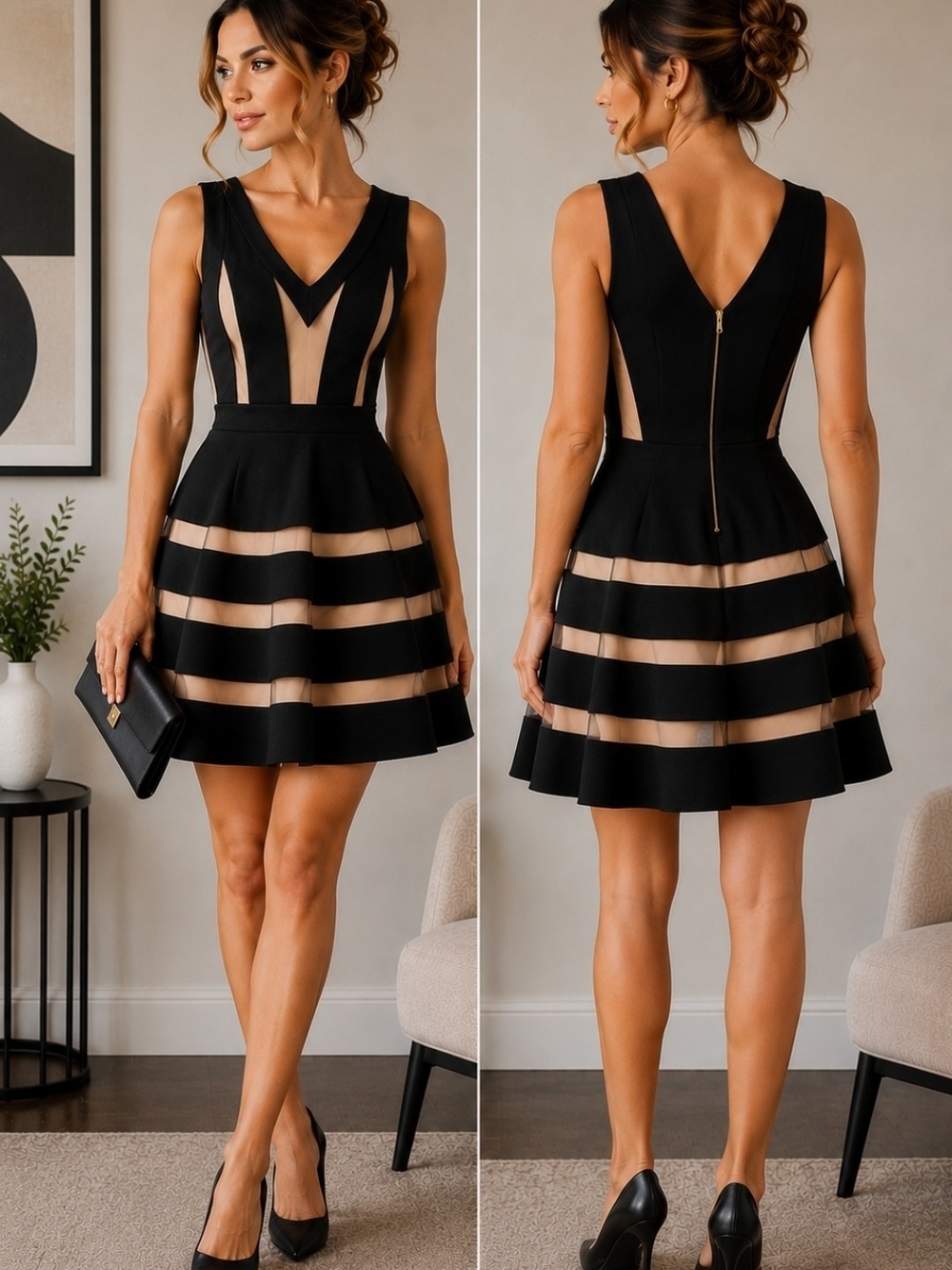 Honey and Rosie Black Nude Mesh Fit & Flare Cocktail Dress Size S